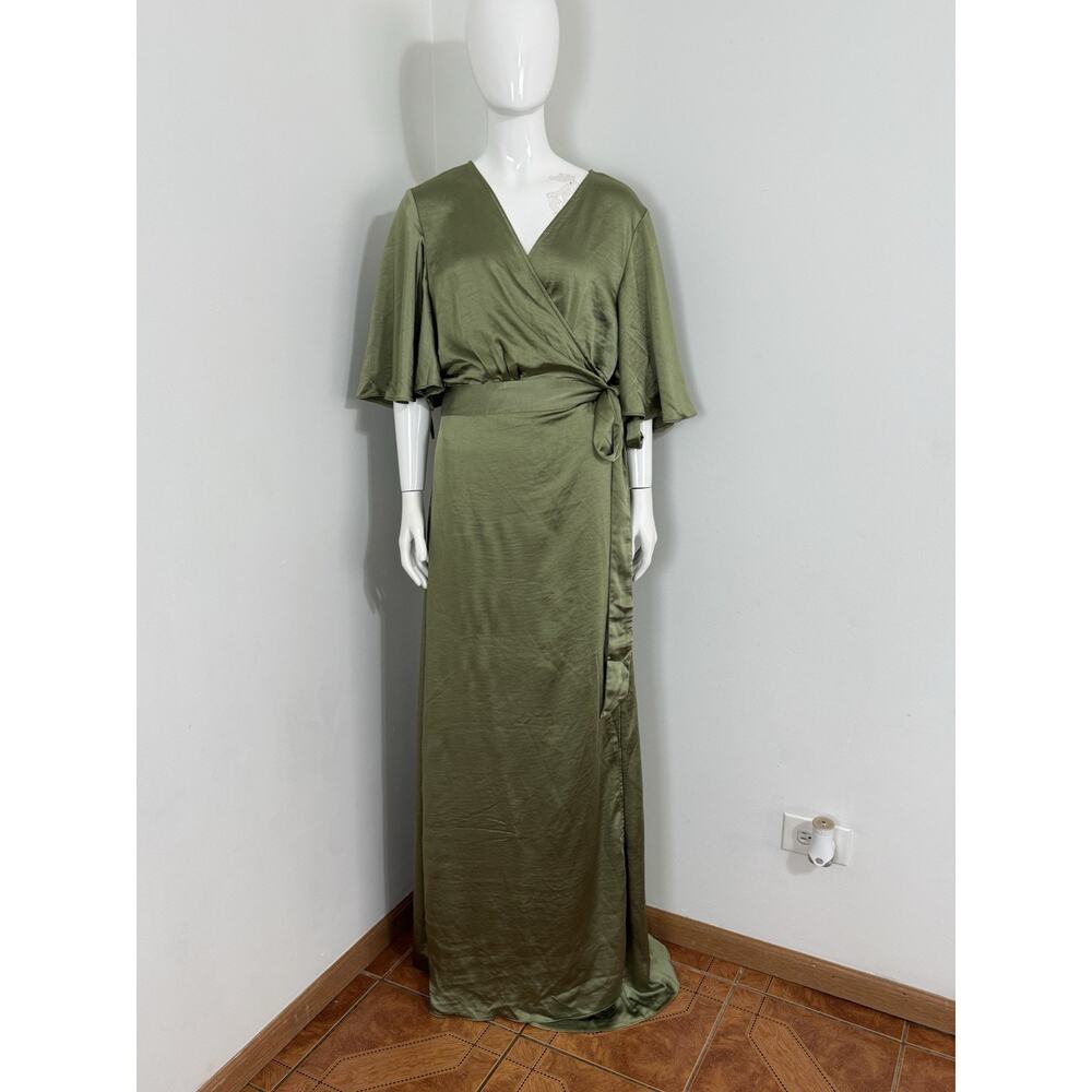 Six Stories Sage Green Satin Wrap Maxi Dress Women Uk 22 Flutter Sleeve Nwt $199 — image 3 of 8